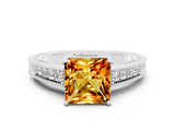 White gold Princess Cut Citrine Engagement Ring with Milgrain Channel Set Band and Prong Setting
