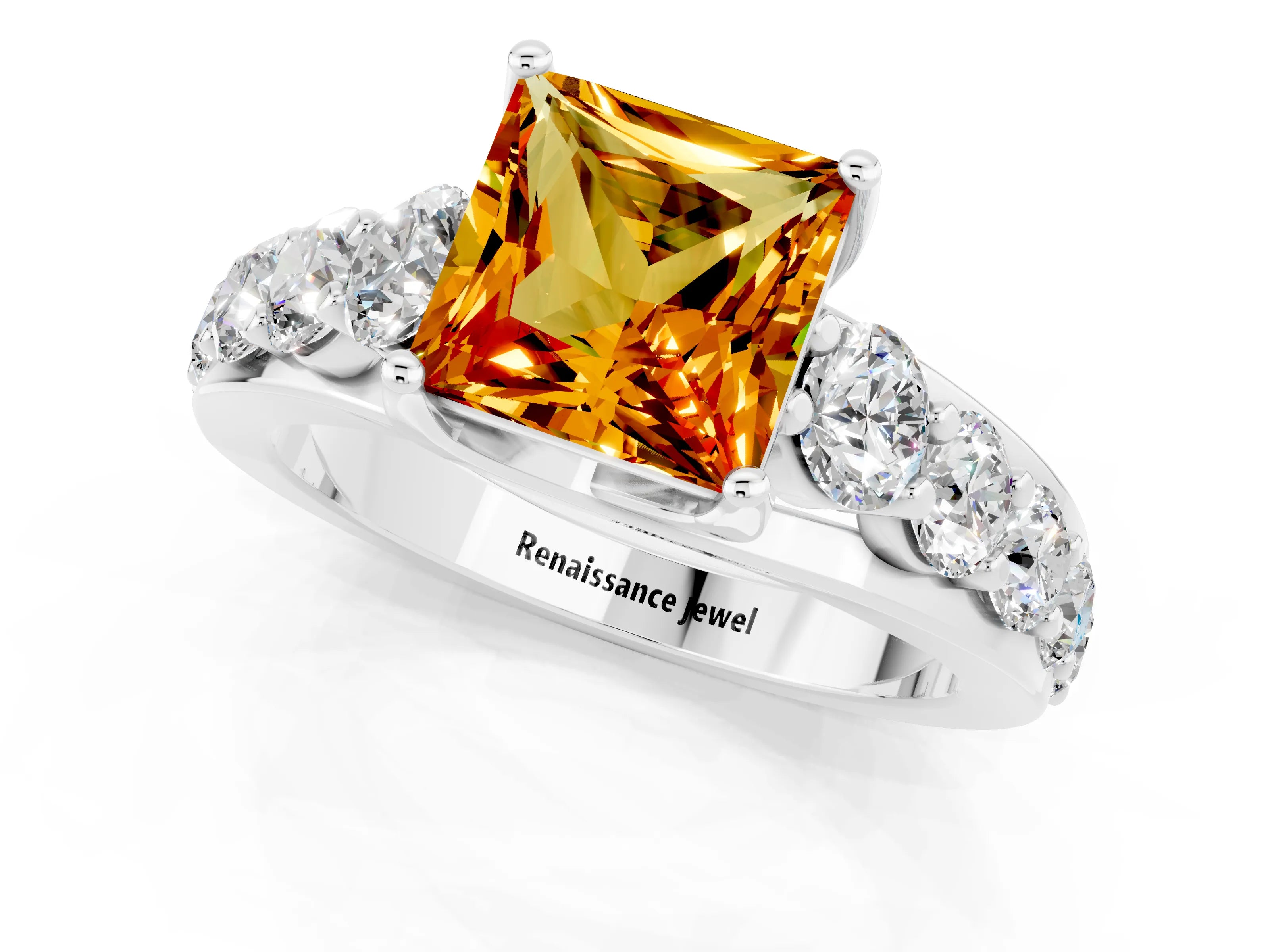 White gold Princess Cut Citrine Engagement Ring with Pavé Band and Four-Prong Setting_1