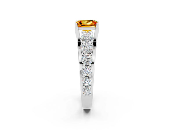 White gold Princess Cut Citrine Engagement Ring with Pavé Band and Four-Prong Setting