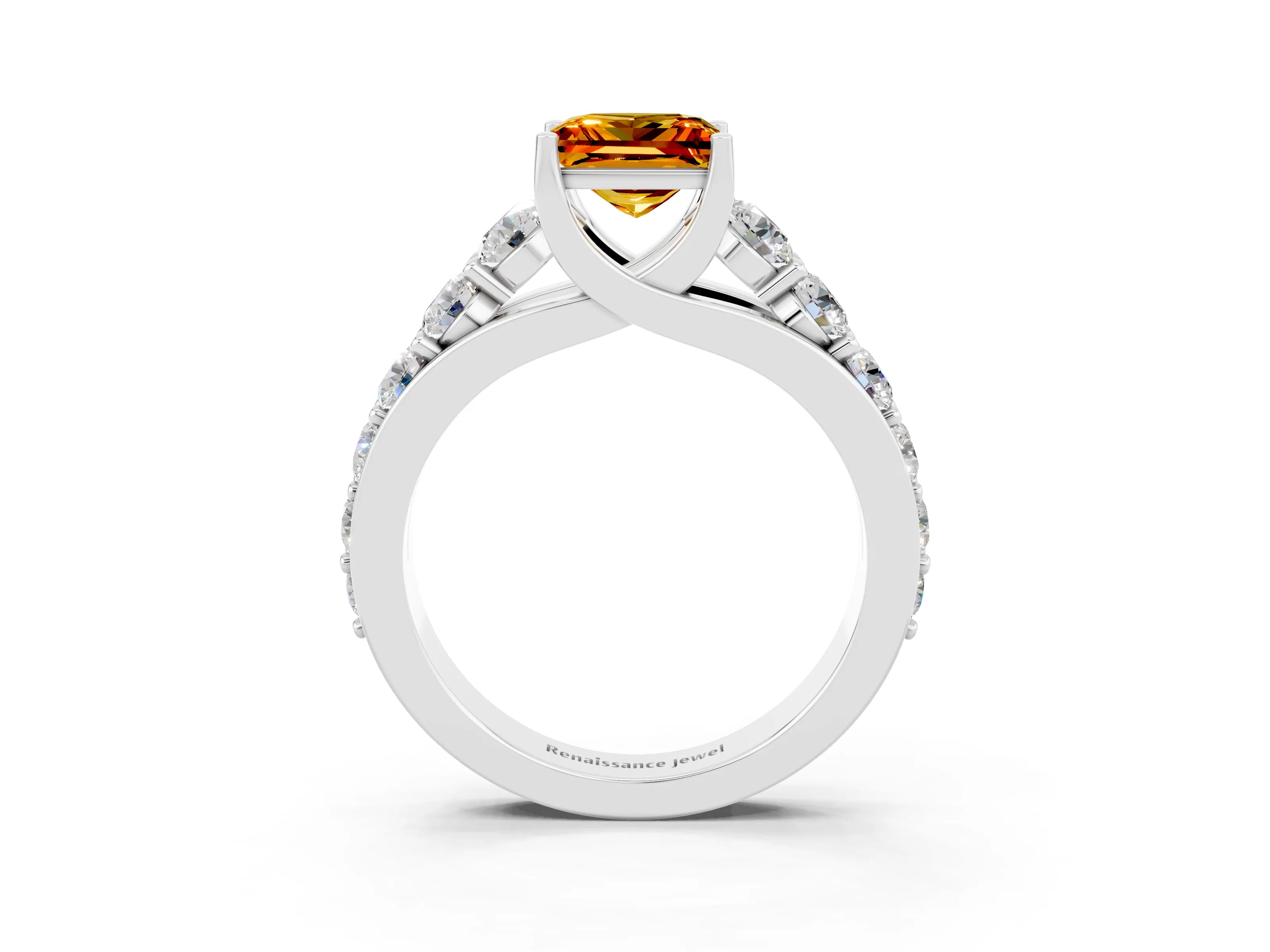 White gold Princess Cut Citrine Engagement Ring with Pavé Band and Four-Prong Setting_3