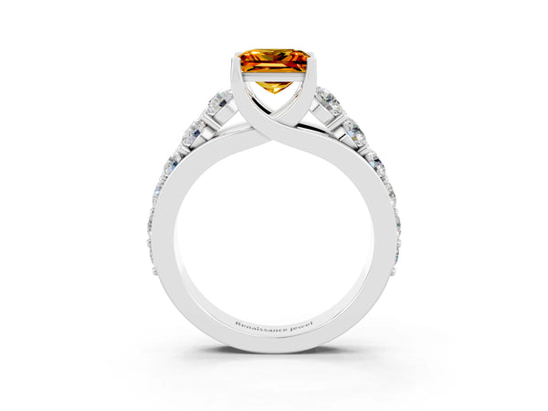 Platinum Princess Cut Citrine Engagement Ring with Pavé Band and Four-Prong Setting