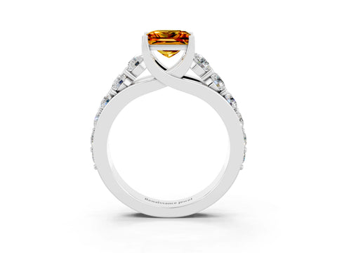 White gold Princess Cut Citrine Engagement Ring with Pavé Band and Four-Prong Setting_3