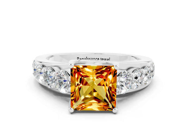 White gold Princess Cut Citrine Engagement Ring with Pavé Band and Four-Prong Setting