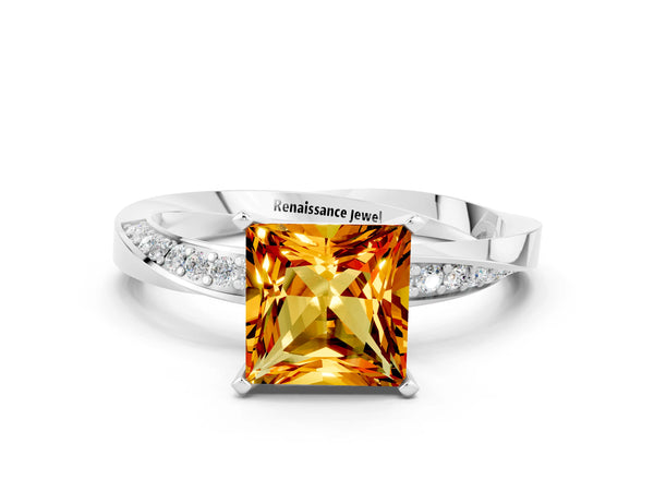 White gold Princess Cut Citrine Engagement Ring with Side Stone Accents and Four-Prong Setting