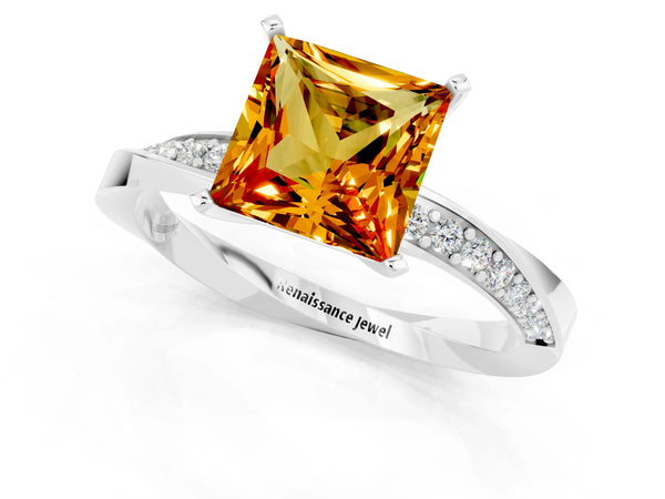White gold Princess Cut Citrine Engagement Ring with Side Stone Accents and Four-Prong Setting