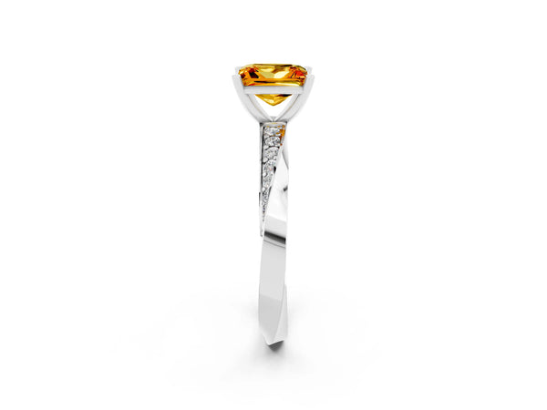 White gold Princess Cut Citrine Engagement Ring with Side Stone Accents and Four-Prong Setting