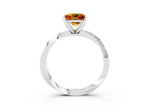 White gold Princess Cut Citrine Engagement Ring with Side Stone Accents and Four-Prong Setting