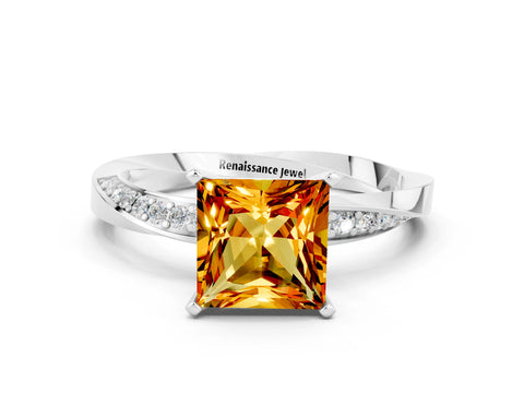 White gold Princess Cut Citrine Engagement Ring with Side Stone Accents and Four-Prong Setting_51