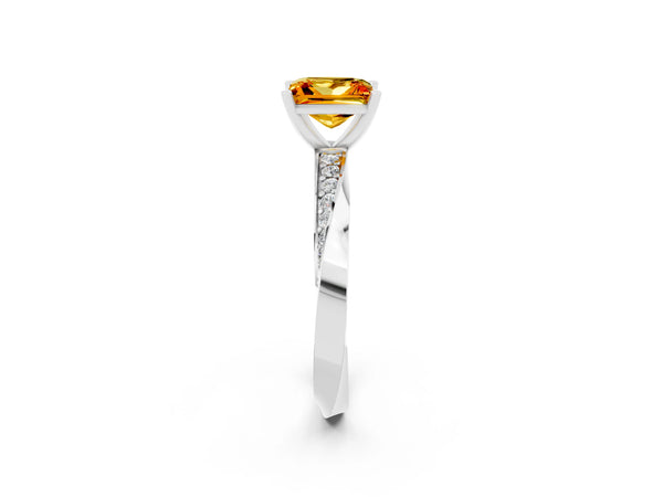 White gold Princess Cut Citrine Engagement Ring with Side Stone Accents and Four-Prong Setting
