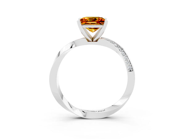 Platinum Princess Cut Citrine Engagement Ring with Side Stone Accents and Four-Prong Setting