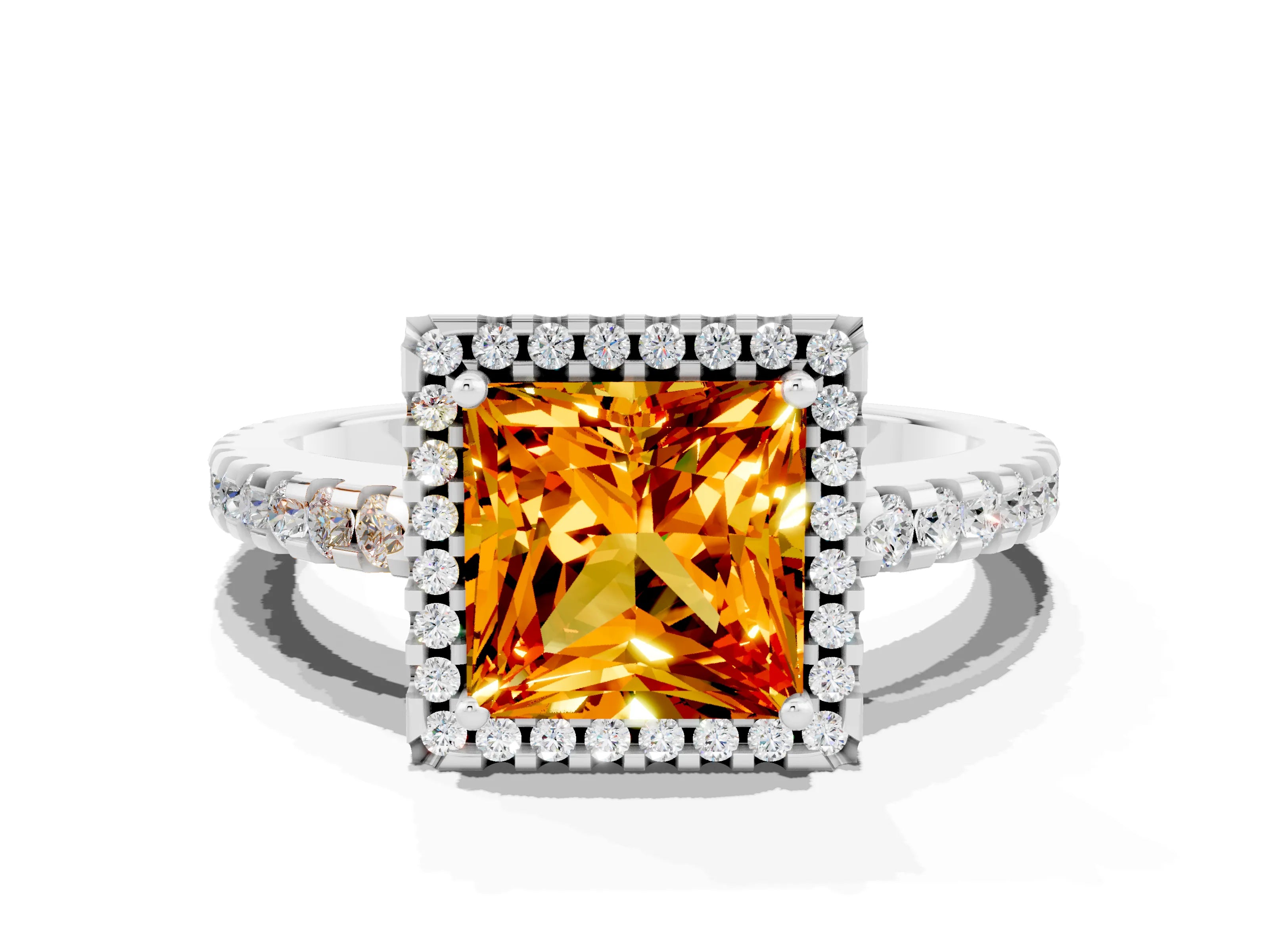 White gold Princess Cut Citrine Halo Engagement Ring with Pavé Band and Prong Setting_12