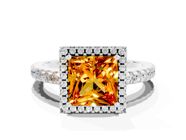White gold Princess Cut Citrine Halo Engagement Ring with Pavé Band and Prong Setting