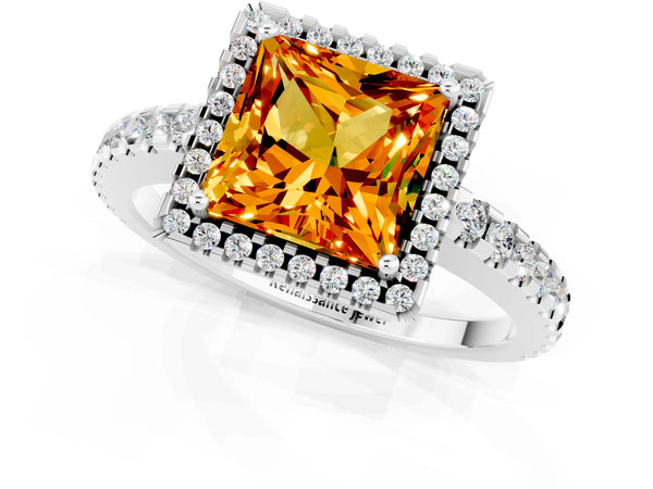 Silver Princess Cut Citrine Halo Engagement Ring with Pavé Band and Prong Setting