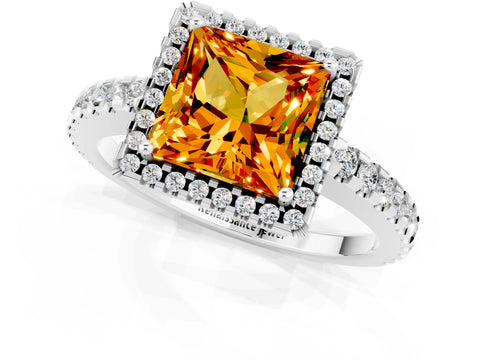 White gold Princess Cut Citrine Halo Engagement Ring with Pavé Band and Prong Setting_13
