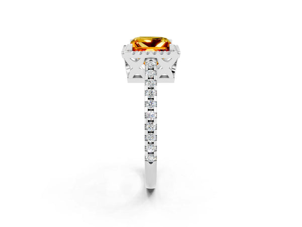 Platinum Princess Cut Citrine Halo Engagement Ring with Pavé Band and Prong Setting
