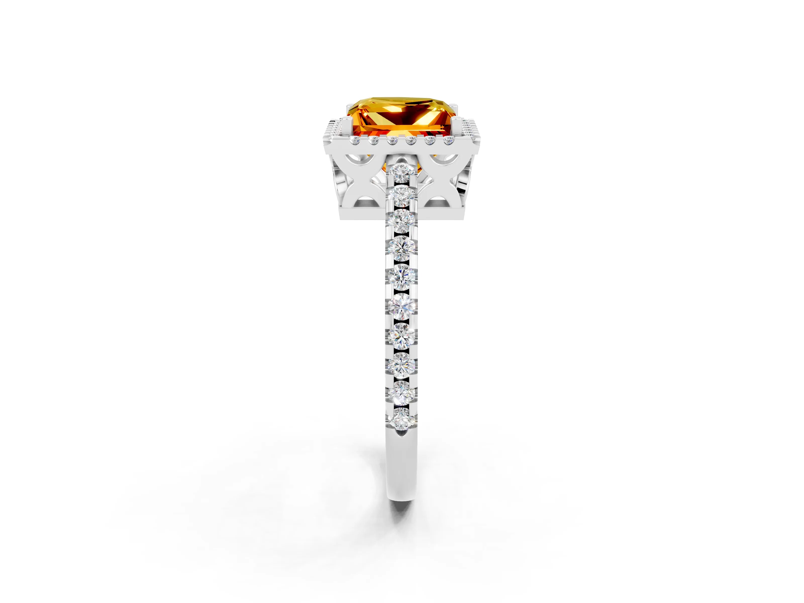 White gold Princess Cut Citrine Halo Engagement Ring with Pavé Band and Prong Setting_14