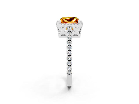 White gold Princess Cut Citrine Halo Engagement Ring with Pavé Band and Prong Setting_14