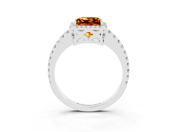 Platinum Princess Cut Citrine Halo Engagement Ring with Pavé Band and Prong Setting