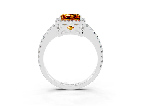 White gold Princess Cut Citrine Halo Engagement Ring with Pavé Band and Prong Setting_15