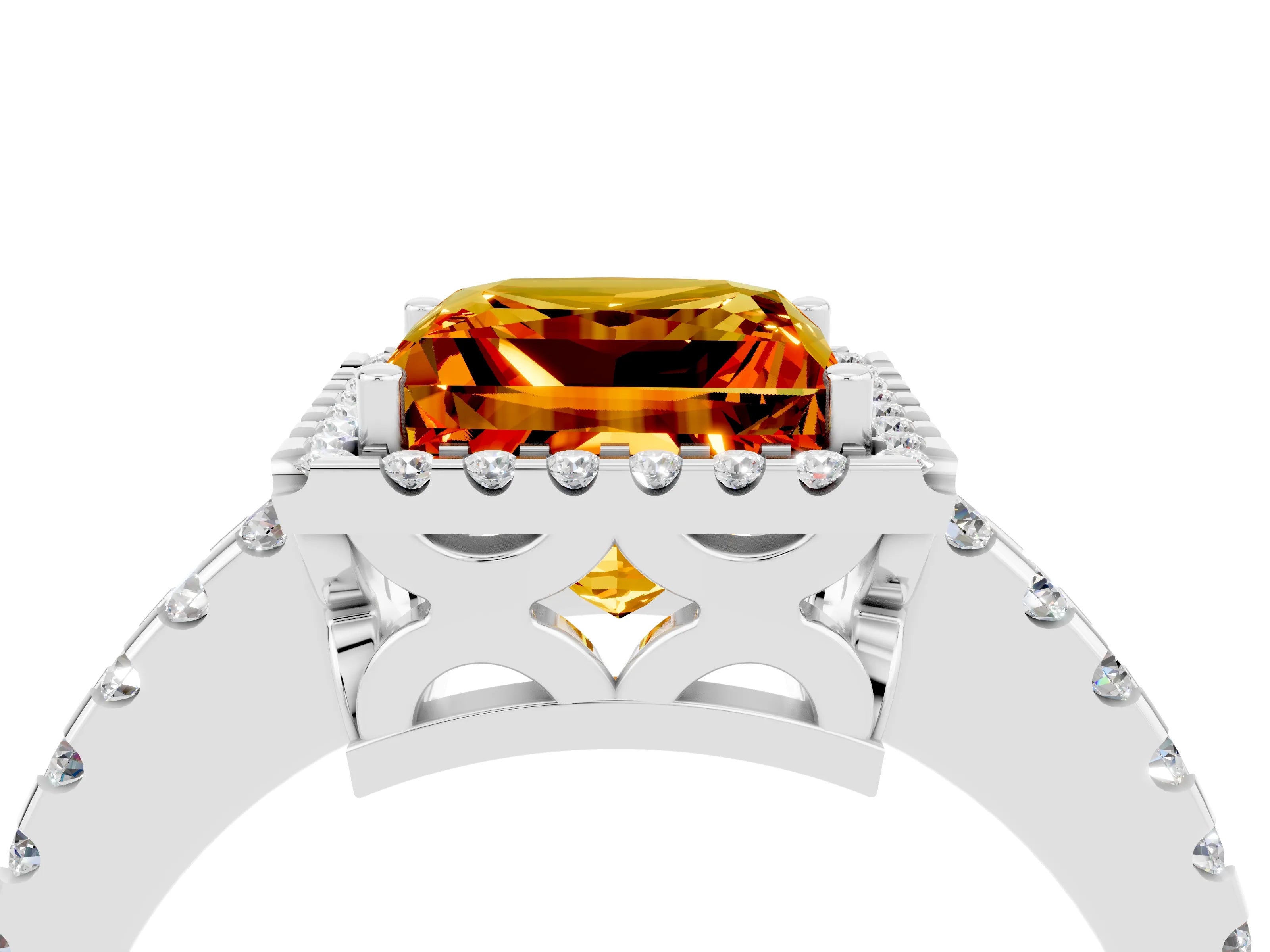 White gold Princess Cut Citrine Halo Engagement Ring with Pavé Band and Prong Setting_16