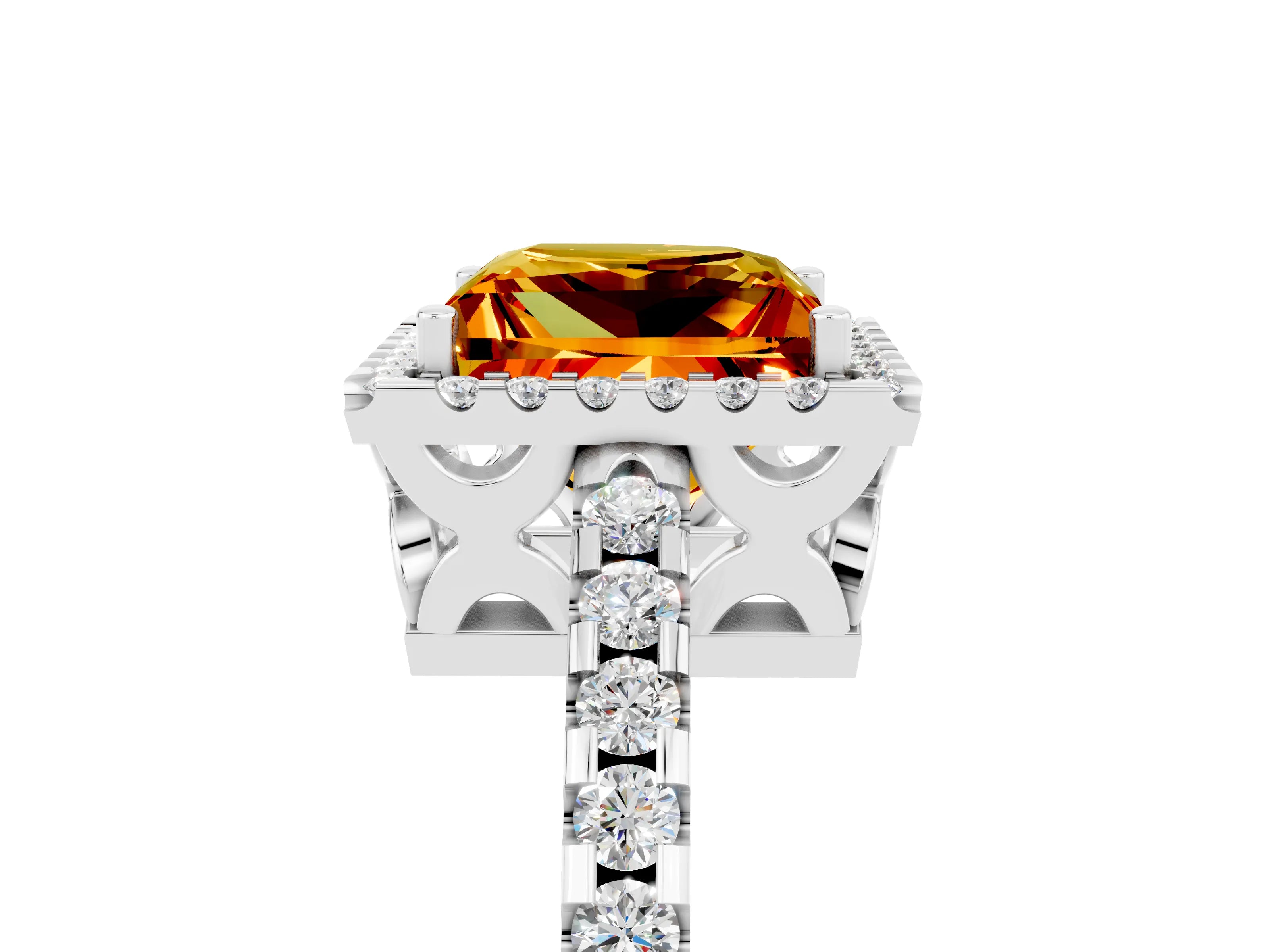 White gold Princess Cut Citrine Halo Engagement Ring with Pavé Band and Prong Setting_17