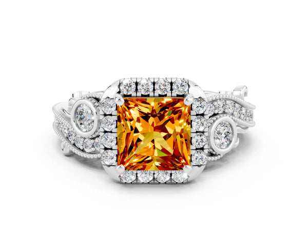 White gold Princess Cut Citrine Halo Ring with Milgrain Pavé Band and Four-Prong Setting