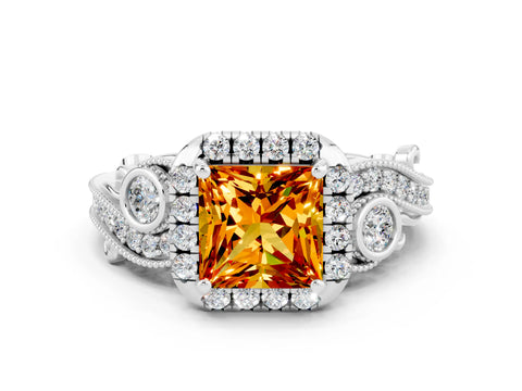 White gold Princess Cut Citrine Halo Ring with Milgrain Pavé Band and Four-Prong Setting_12