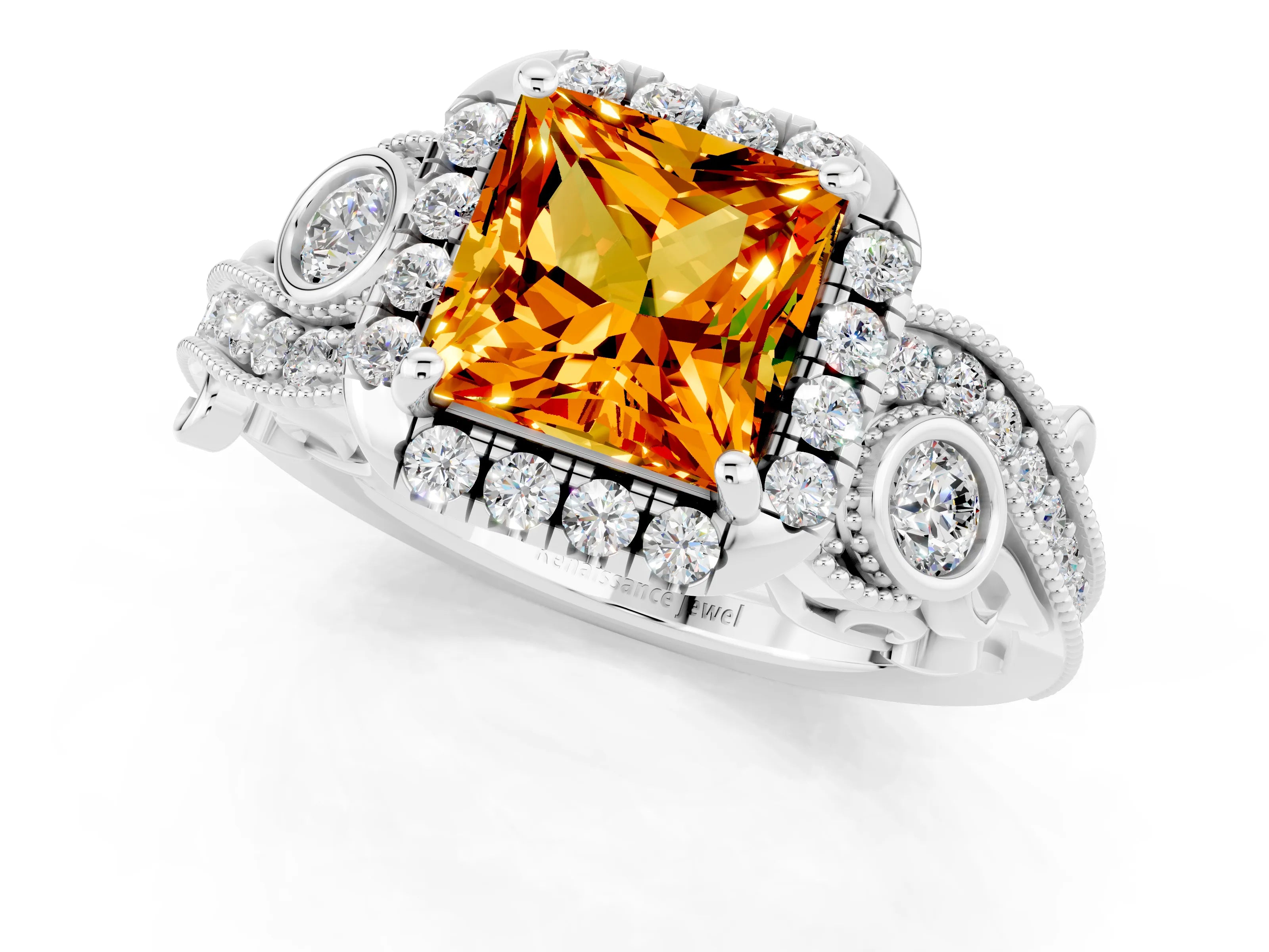 White gold Princess Cut Citrine Halo Ring with Milgrain Pavé Band and Four-Prong Setting_13