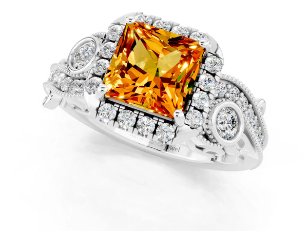 Platinum Princess Cut Citrine Halo Ring with Milgrain Pavé Band and Four-Prong Setting