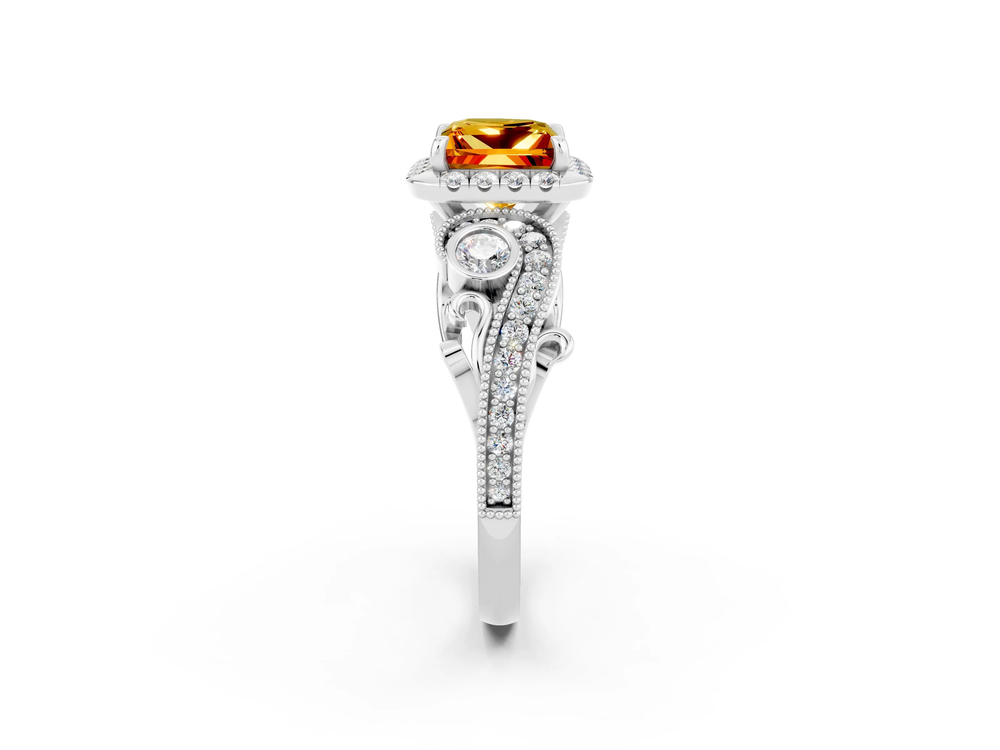 White gold Princess Cut Citrine Halo Ring with Milgrain Pavé Band and Four-Prong Setting_14