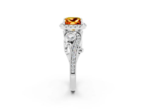 White gold Princess Cut Citrine Halo Ring with Milgrain Pavé Band and Four-Prong Setting_14