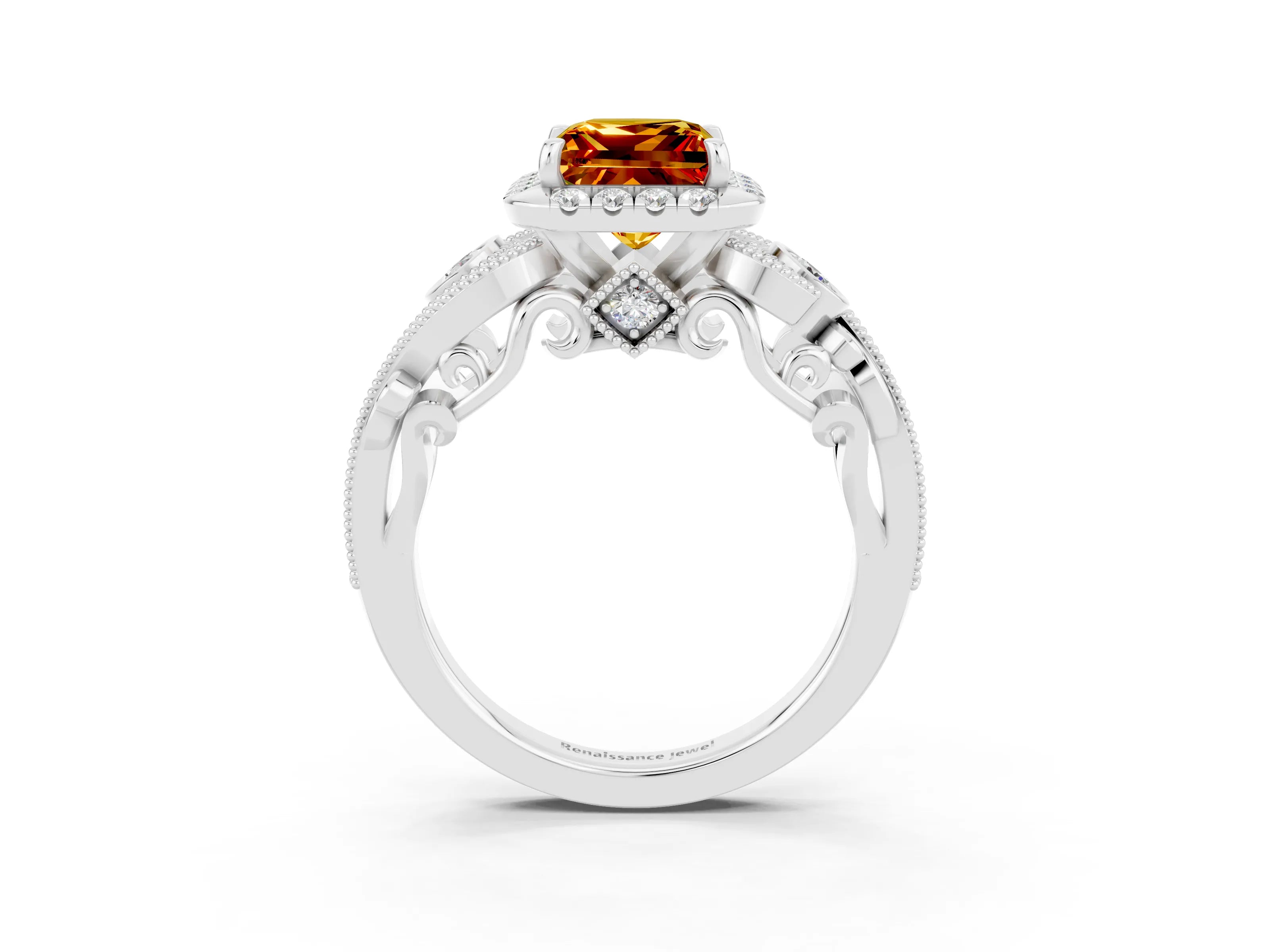 White gold Princess Cut Citrine Halo Ring with Milgrain Pavé Band and Four-Prong Setting_15