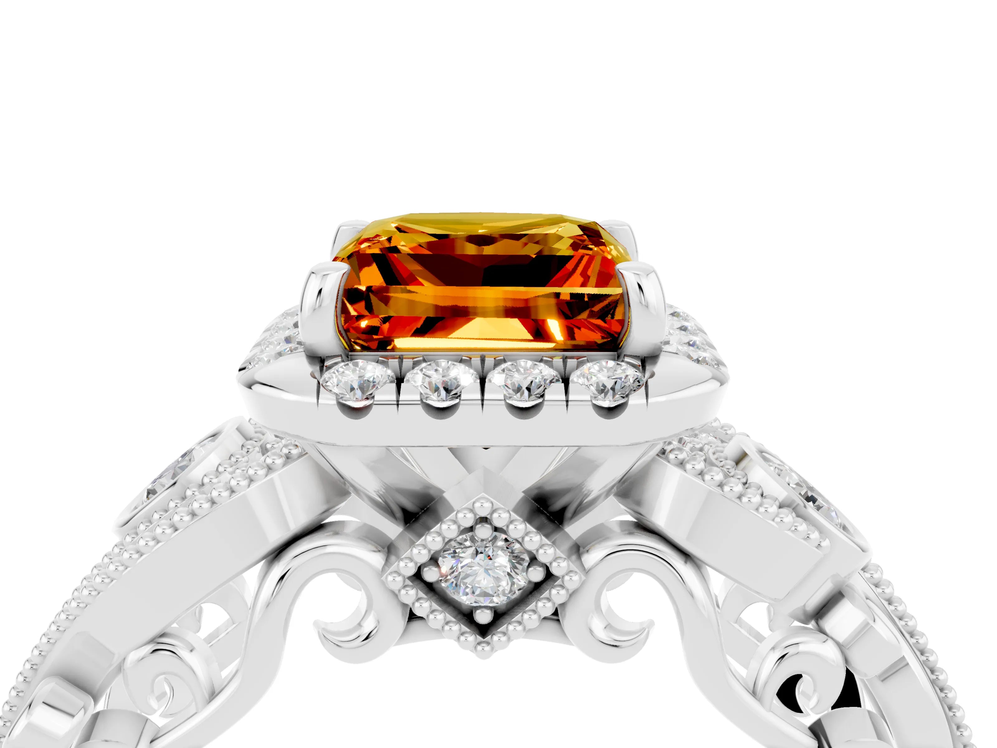 White gold Princess Cut Citrine Halo Ring with Milgrain Pavé Band and Four-Prong Setting_16