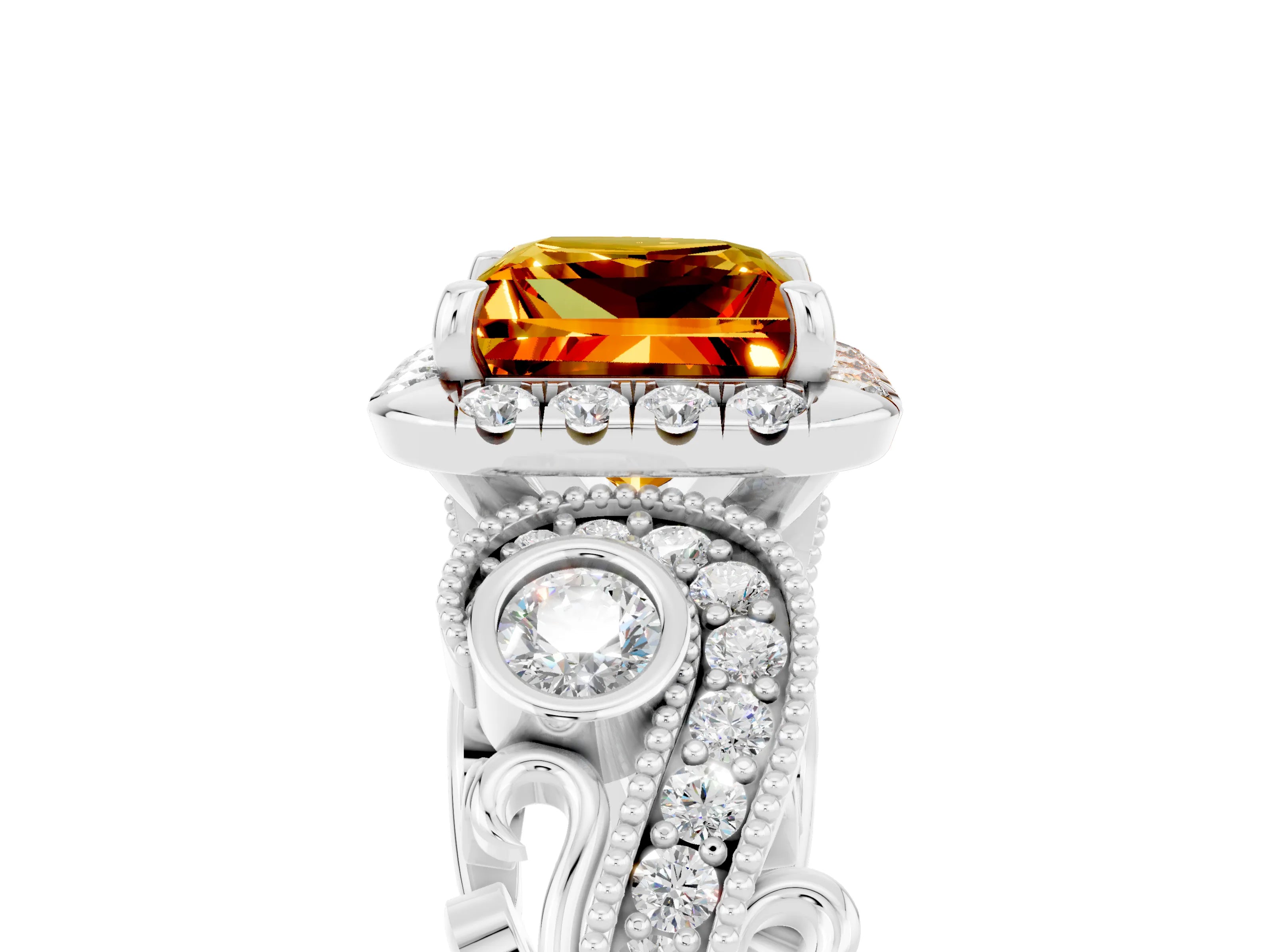 White gold Princess Cut Citrine Halo Ring with Milgrain Pavé Band and Four-Prong Setting_17
