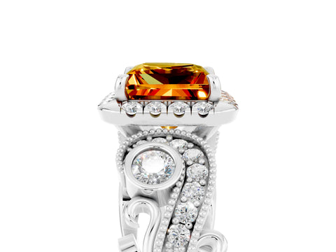 White gold Princess Cut Citrine Halo Ring with Milgrain Pavé Band and Four-Prong Setting_17