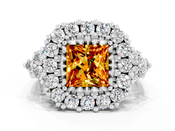 Platinum Princess Cut Citrine Halo Ring with Pavé Band and Four-Prong Setting