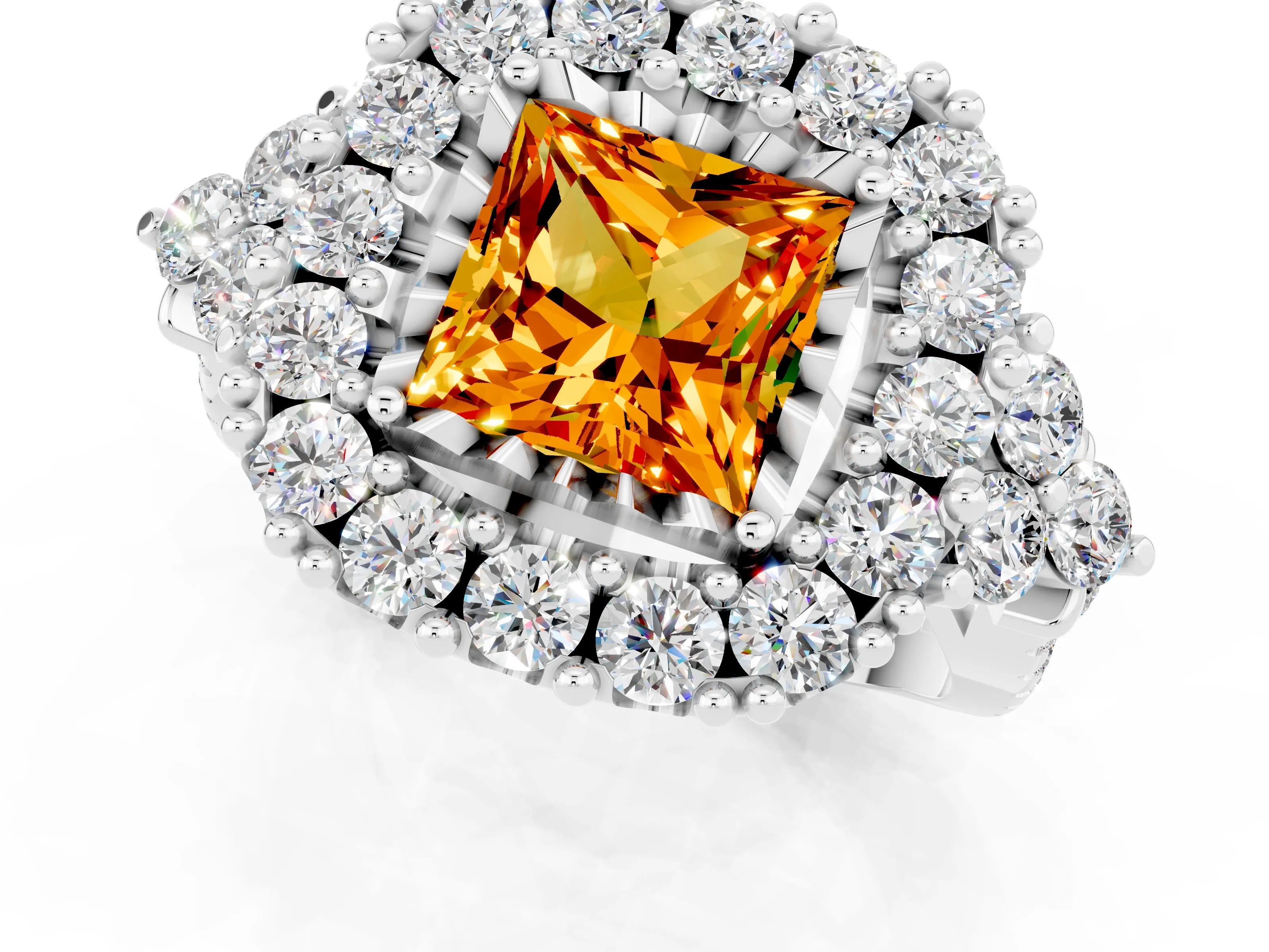 White gold Princess Cut Citrine Halo Ring with Pavé Band and Four-Prong Setting_13