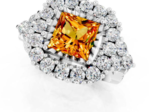 Silver Princess Cut Citrine Halo Ring with Pavé Band and Four-Prong Setting