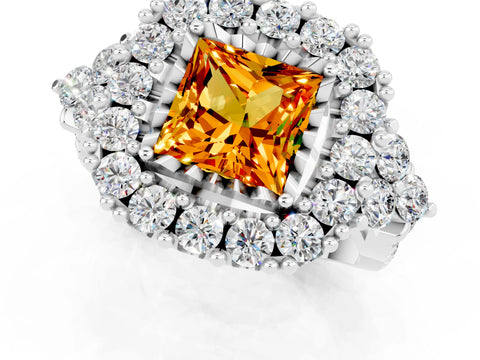 White gold Princess Cut Citrine Halo Ring with Pavé Band and Four-Prong Setting_13