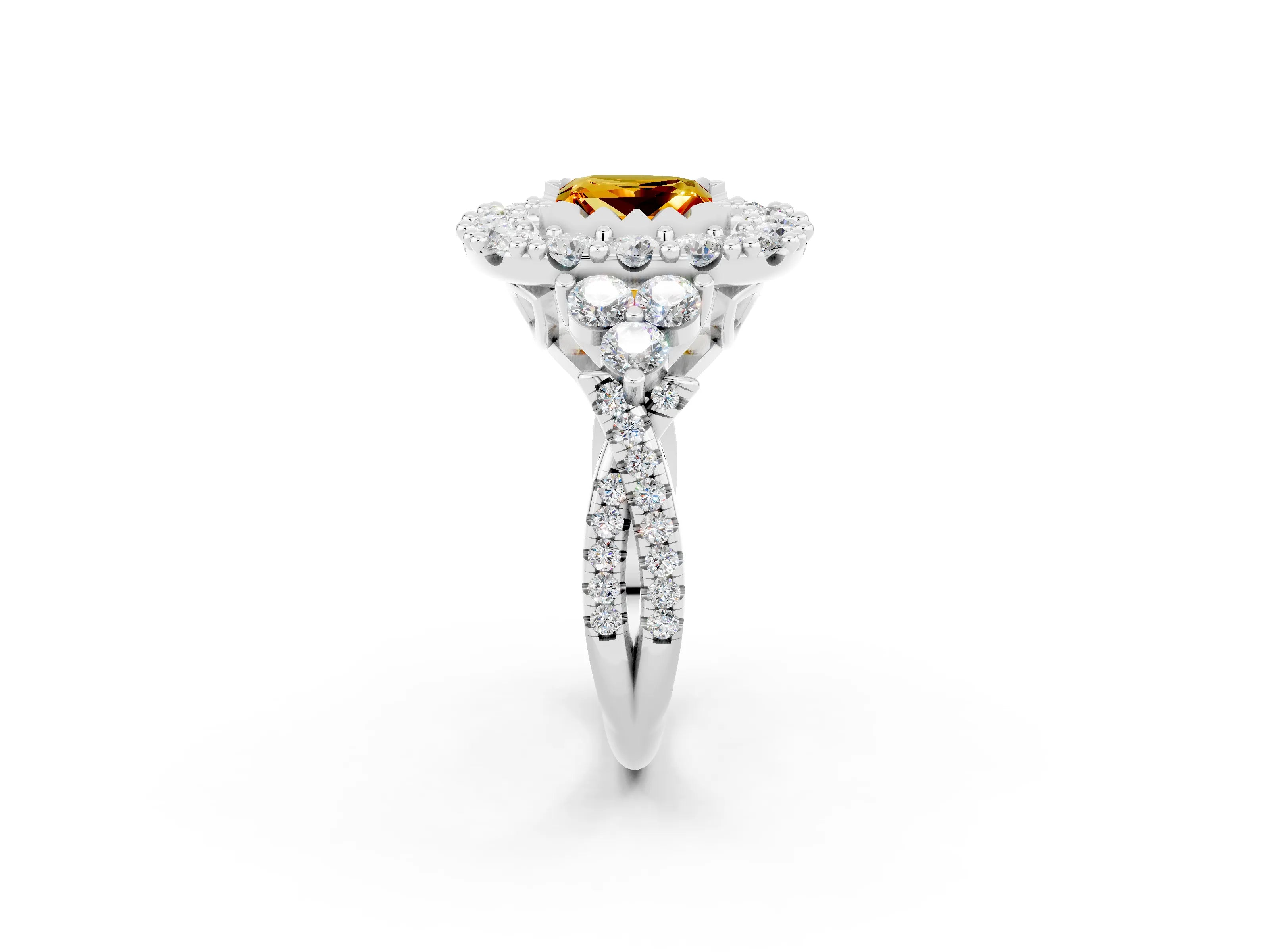 White gold Princess Cut Citrine Halo Ring with Pavé Band and Four-Prong Setting_14