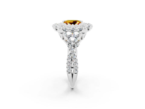White gold Princess Cut Citrine Halo Ring with Pavé Band and Four-Prong Setting_14