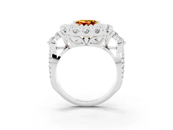 Platinum Princess Cut Citrine Halo Ring with Pavé Band and Four-Prong Setting