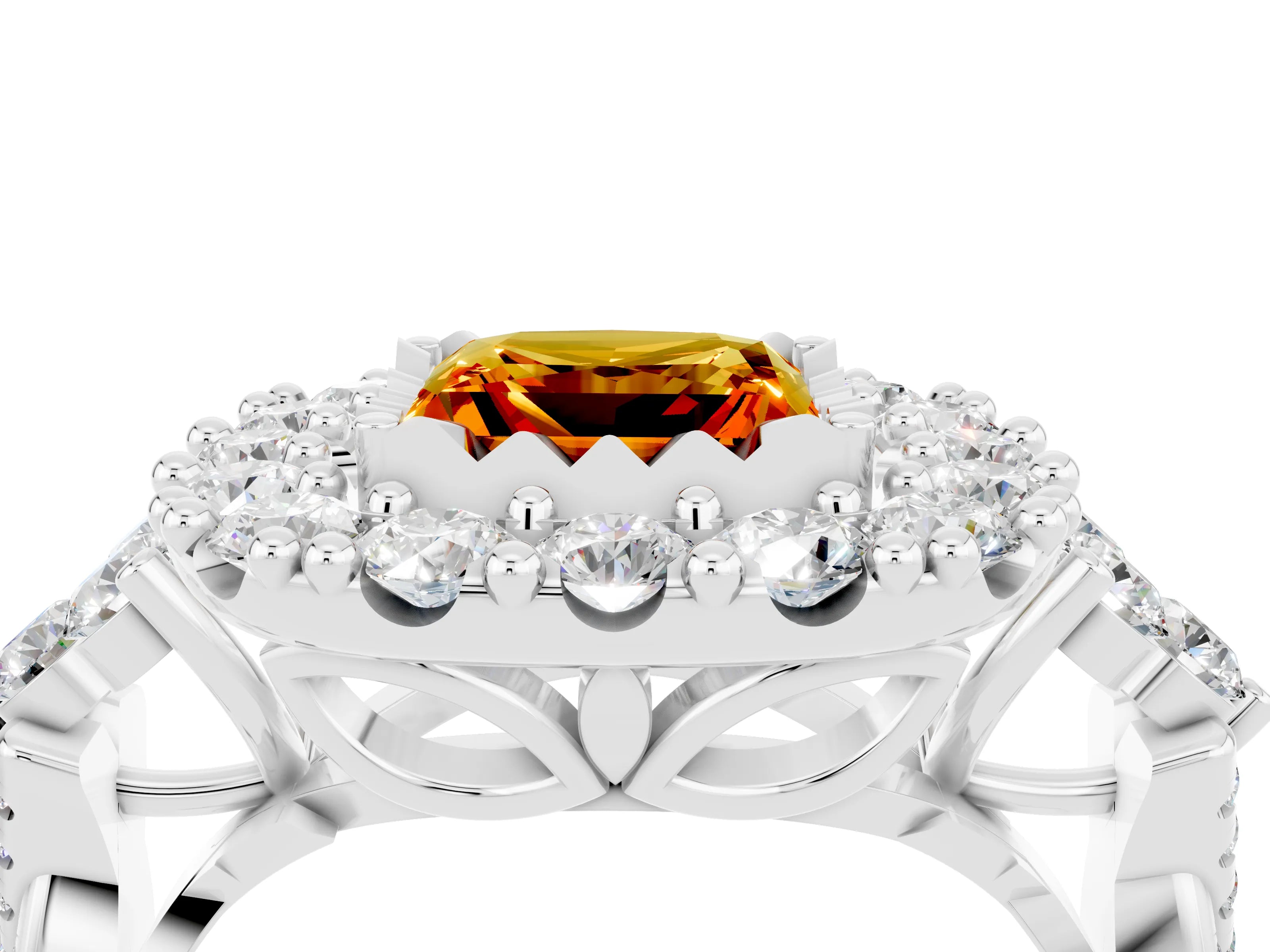 White gold Princess Cut Citrine Halo Ring with Pavé Band and Four-Prong Setting_16