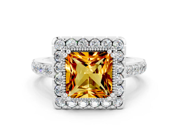 Platinum Princess Cut Citrine Halo Ring with Pavé Band and Prong Setting
