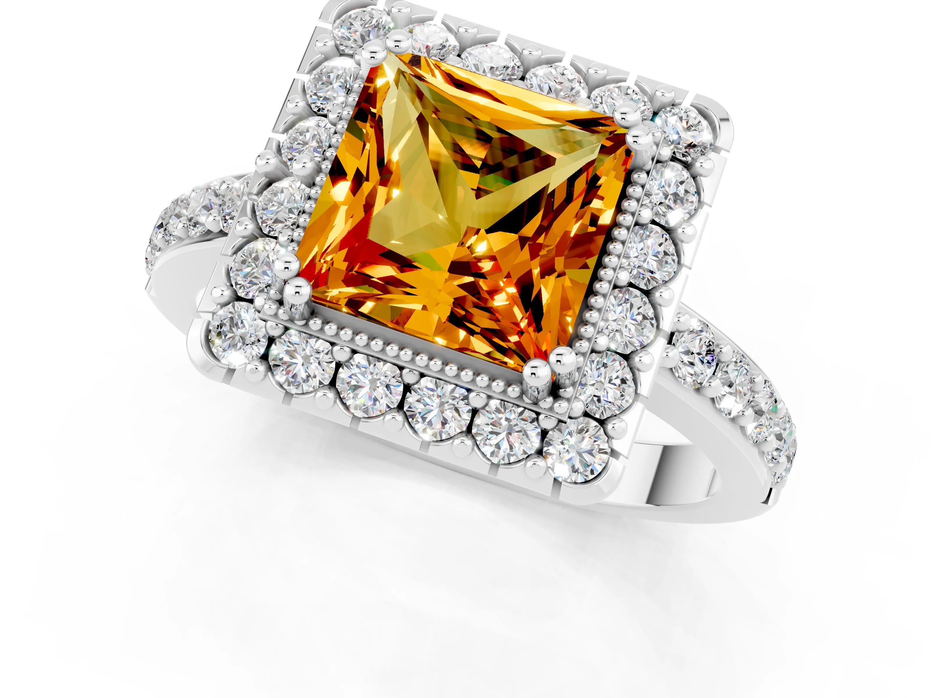 White gold Princess Cut Citrine Halo Ring with Pavé Band and Prong Setting_1