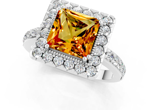 White gold Princess Cut Citrine Halo Ring with Pavé Band and Prong Setting