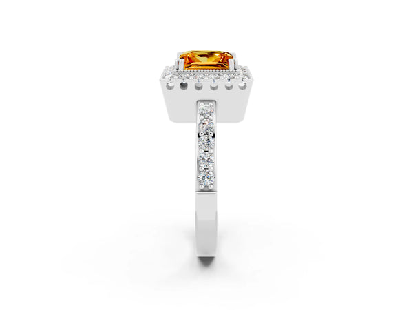 Platinum Princess Cut Citrine Halo Ring with Pavé Band and Prong Setting