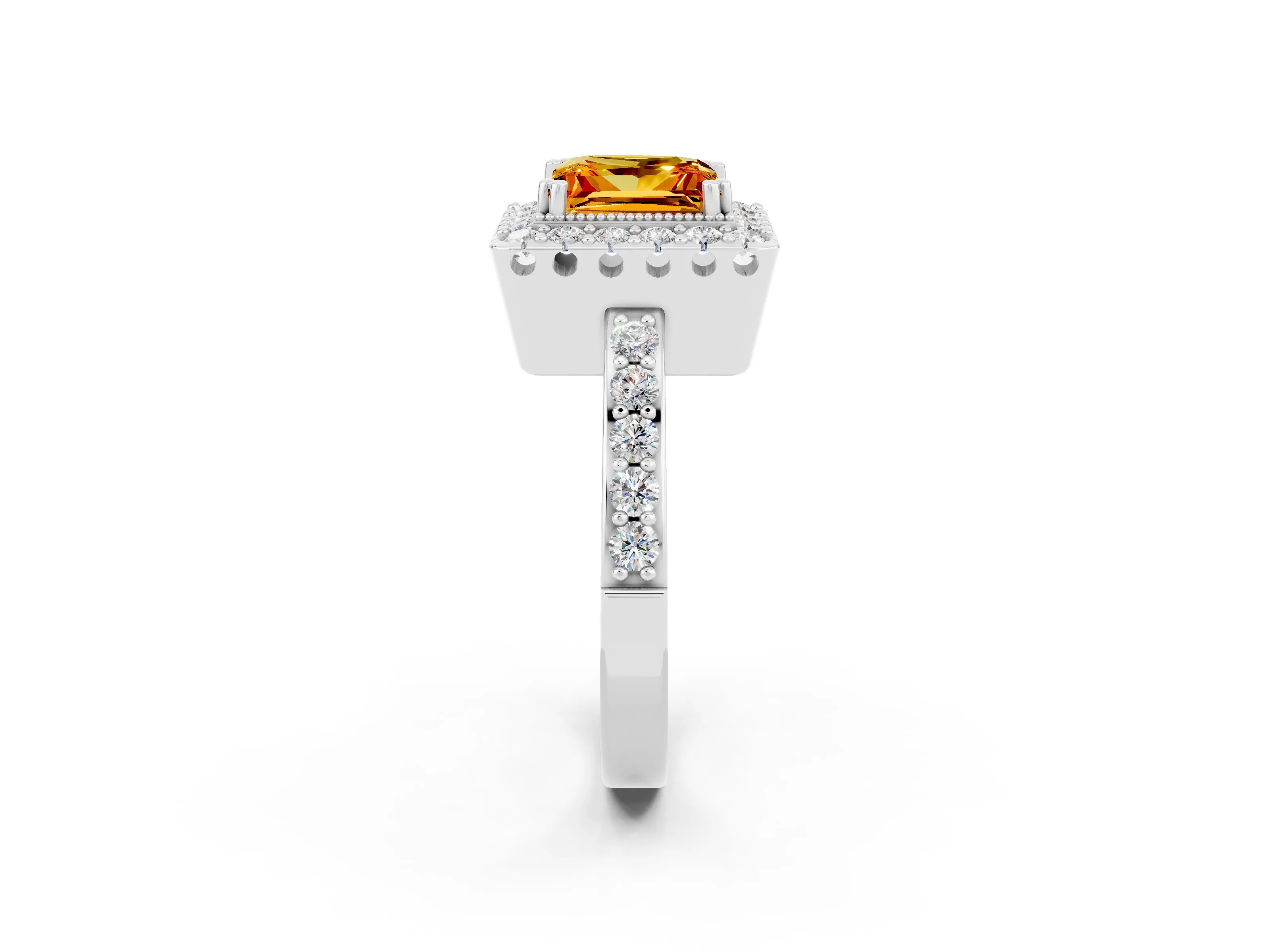 White gold Princess Cut Citrine Halo Ring with Pavé Band and Prong Setting_2