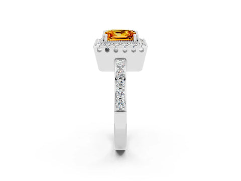White gold Princess Cut Citrine Halo Ring with Pavé Band and Prong Setting_2
