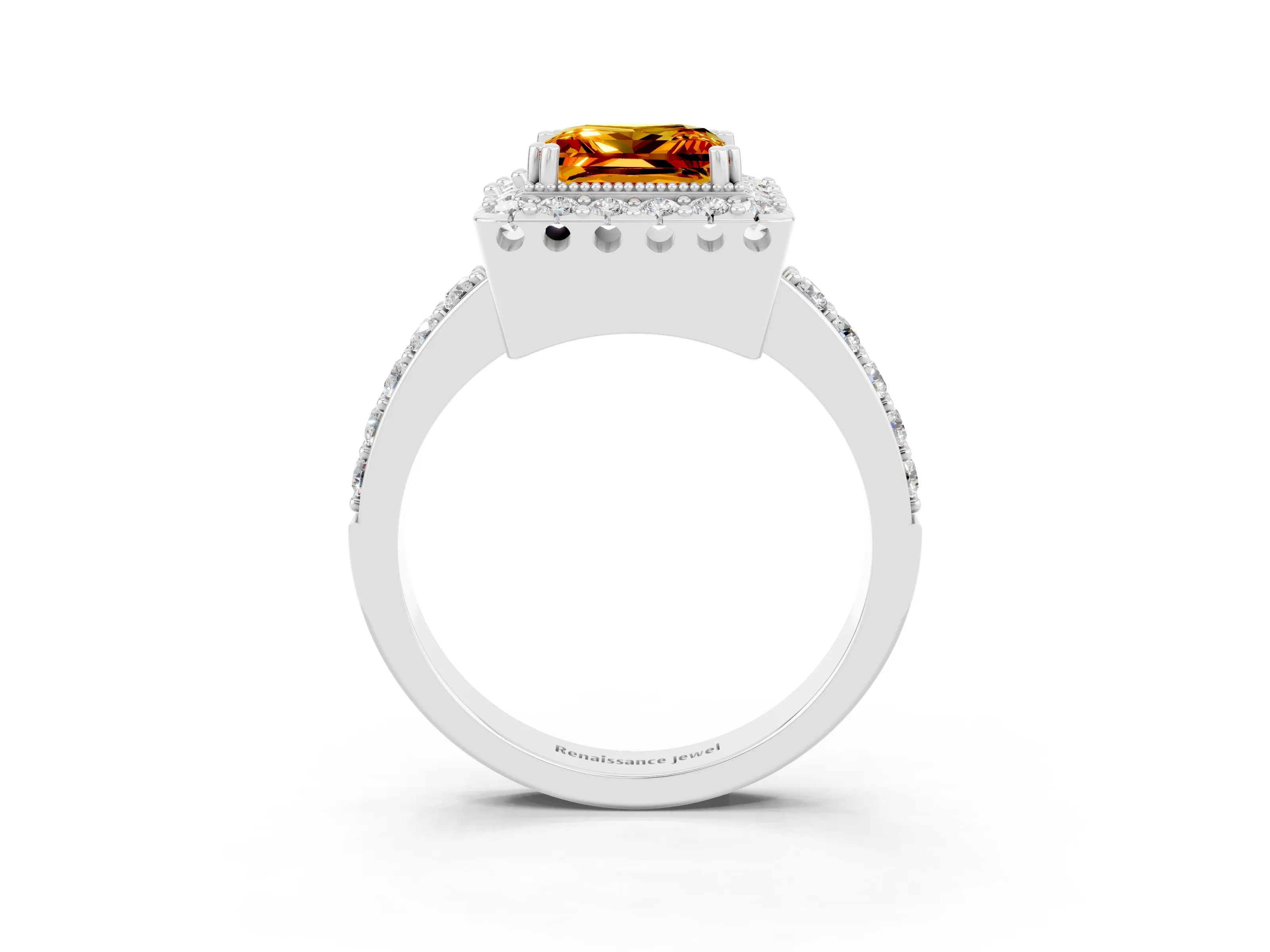 White gold Princess Cut Citrine Halo Ring with Pavé Band and Prong Setting_3